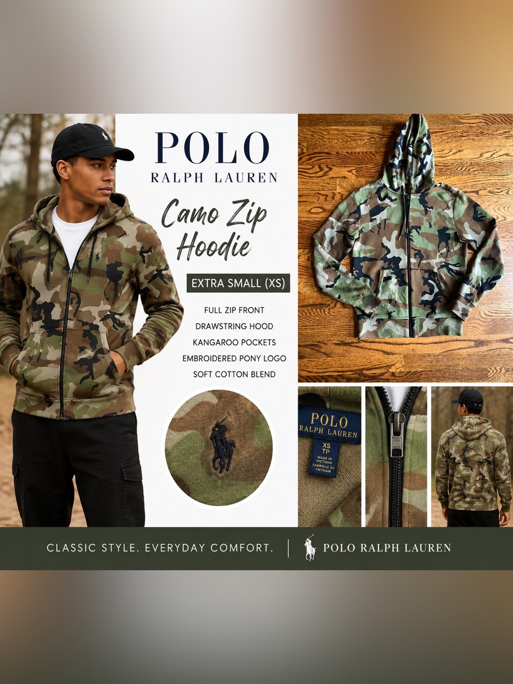 Polo Ralph Lauren Camo Full Zip Hoodie Sweatshirt XS Green Camouflage Pony Logo